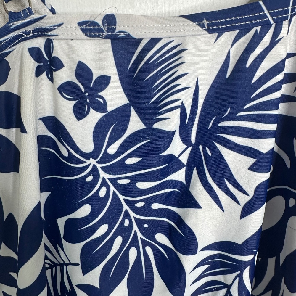 Sheshow Women XL Blue White Tropical Palm Leaf Ruched One Piece Swimsuit READ - Picture 3 of 5
